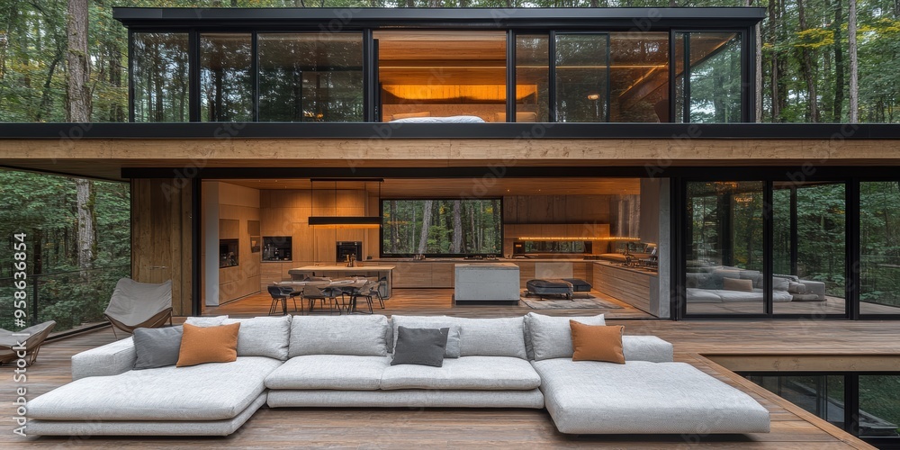 Fototapeta premium Modern two-story glass and wooden house beautifully nestled in a lush forest, featuring an open-concept kitchen and spacious outdoor lounging area with comfortable seating
