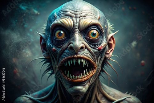 gaping mouth, gaunt appearance, undead, Fisheye, A stock photo of a terrifying undead creature with a gaping mouth and gaunt appearance known as Fisheye