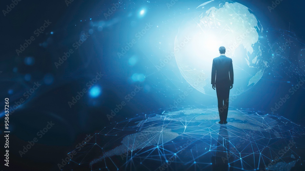 Fototapeta premium A businessman standing on a network of glowing lines, looking at a glowing globe, representing global connections and networking.