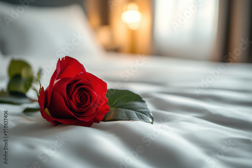 A single red rose elegantly placed on a neatly made bed, symbolizing love and romance in a cozy and intimate setting. photo