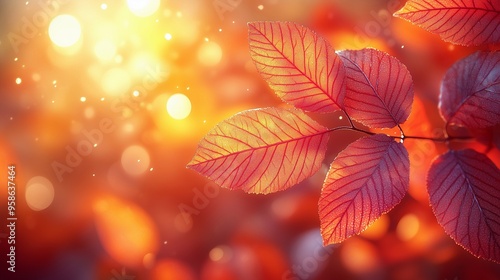 Dew-covered red autumn leaves glowing in warm sunlight with a soft bokeh background.