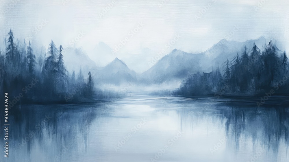 Abstract Painting of a Lake and Mountains in Blue Hues Abstract Painting of a Lake and Mountains in Blue Hues