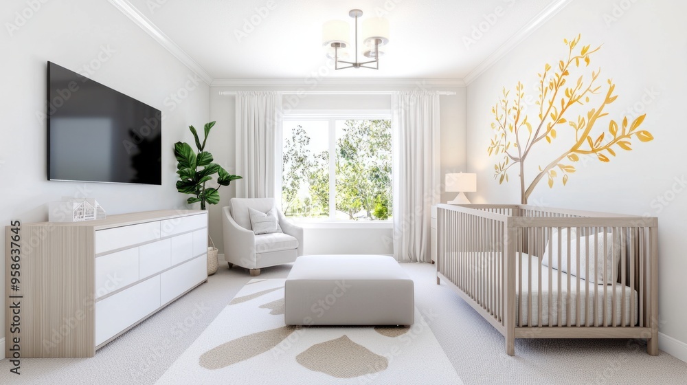 Serene and Stylish Gender Neutral Nursery: Featuring Minimalist Design, Statement Wall Mural, and Soft Lighting Serene and Stylish Gender Neutral Nursery: Featuring Minimalist Design, Statement Wall Mural, and Soft Lighting