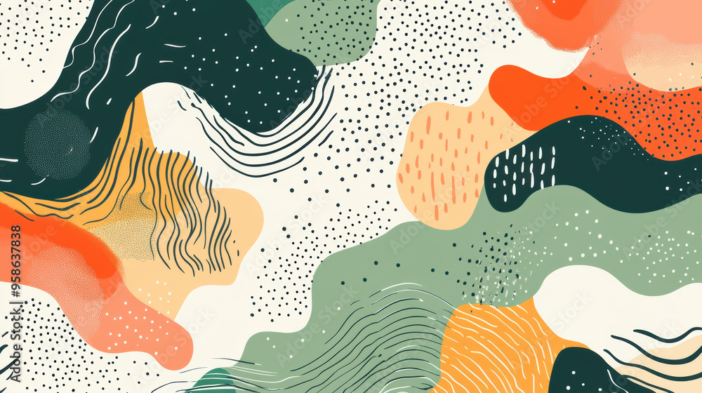 Naklejka premium Abstract pattern with organic shapes in green, orange, and beige tones. Modern and artistic background for various design projects.