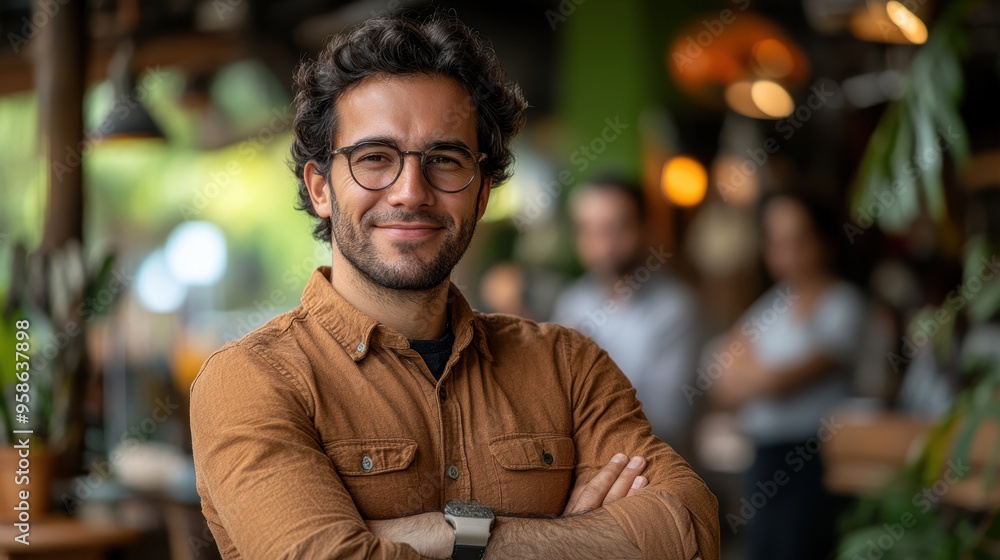 A confident young man wearing glasses and a brown shirt stands with arms crossed in a modern indoor setting with soft lighting and people in the background A confident young man wearing glasses and a brown shirt stands with arms crossed in a modern indoor setting with soft lighting and people in the background