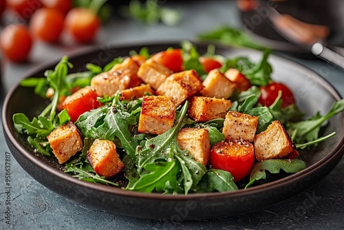 A close-up of a salad with cherry tomatoes, arugula, and grilled chicken cubes.