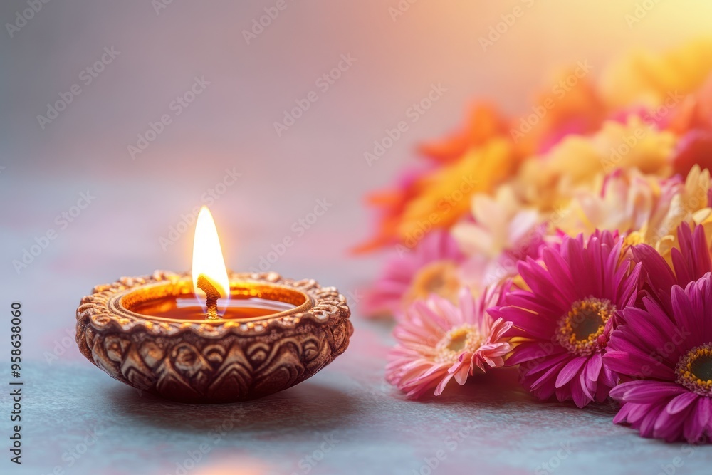 Ornate Candle Holder with Burning Flame and Pink Flowers Ornate Candle Holder with Burning Flame and Pink Flowers