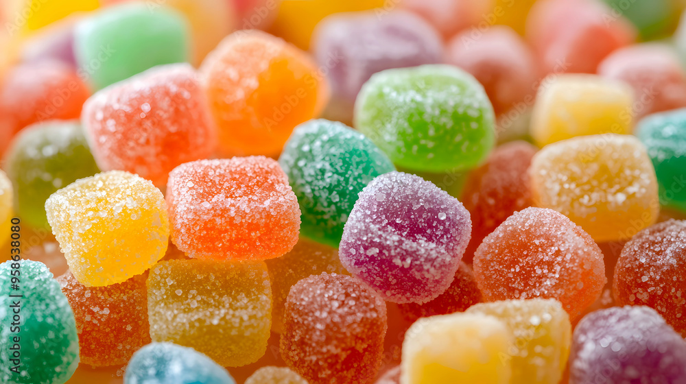 Sour candies in various shapes and colors, scattered across a table, with a slight shine from the sugar coating Sour candies in various shapes and colors, scattered across a table, with a slight shine from the sugar coating