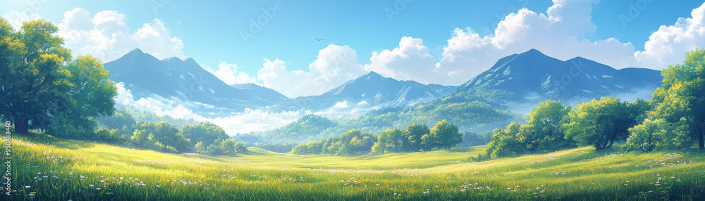 Fototapeta premium A serene landscape of lush green meadows with distant mountains under a bright blue sky, framed by fluffy white clouds and vibrant foliage.