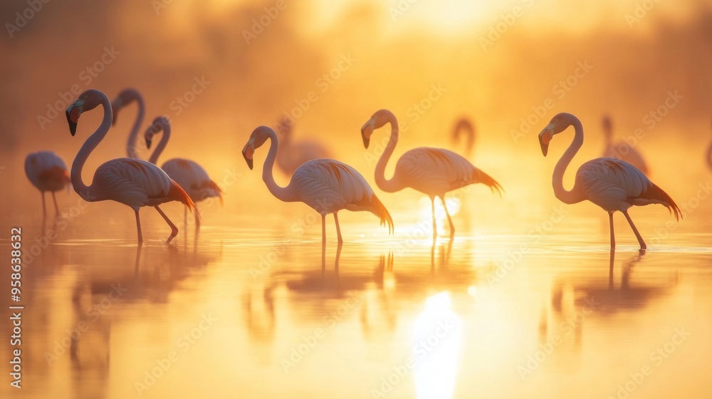 Naklejka premium Flamingos at Sunset