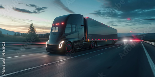 Futuristic cargo truck on highway at night. Shipment and logistick concept.
 photo