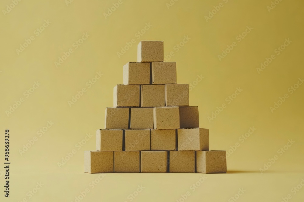 A Triangular Arrangement of Cardboard Boxes on a Yellow Background A Triangular Arrangement of Cardboard Boxes on a Yellow Background