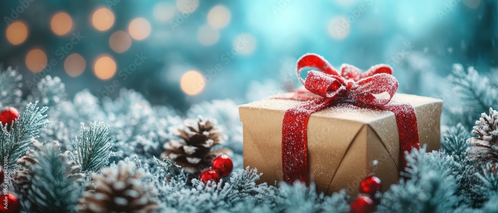 Christmas gift box with surrounding snowflakes, clean and minimal design. Christmas gift box with surrounding snowflakes, clean and minimal design.