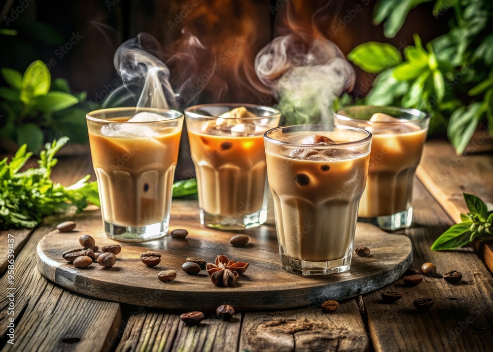 Frosted glasses filled with iced coffee beverages sit atop a rustic wooden table, surrounded by melting ice cubes Frosted glasses filled with iced coffee beverages sit atop a rustic wooden table, surrounded by melting ice cubes