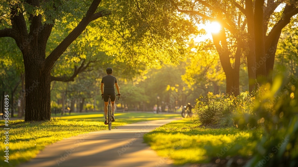 Cyclist Riding on a Path Through a Park at Sunset Cyclist Riding on a Path Through a Park at Sunset