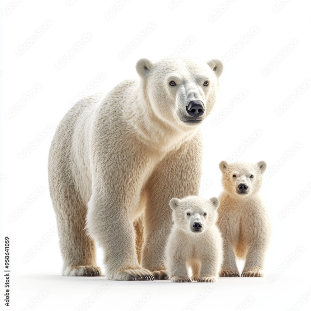 Fototapeta premium Arctic Family Bond: 3D Rendered Polar Bear Wildlife Conservation Scene in Soft Whites on White Background
