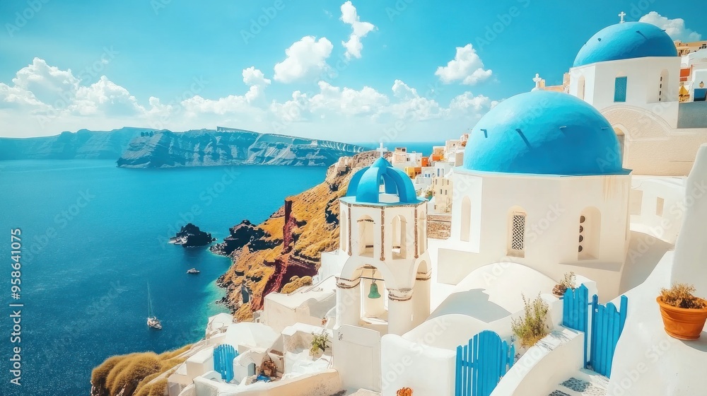 Obraz premium Whitewashed Greek Church with Blue Domes Against a Clear Sky