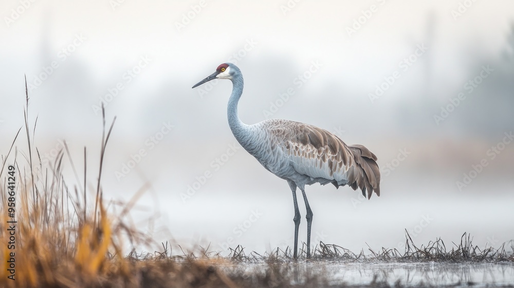 Naklejka premium A Sandhill Crane Stands Tall in the Mist