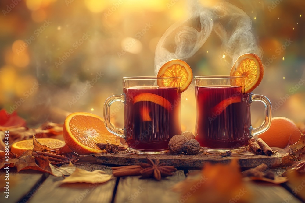 two cups of steaming autumn mulled wine on a rustic wooden table, surrounded by vibrant orange slices and aromatic spices, with a blurred background of fallen autumn leaves two cups of steaming autumn mulled wine on a rustic wooden table, surrounded by vibrant orange slices and aromatic spices, with a blurred background of fallen autumn leaves