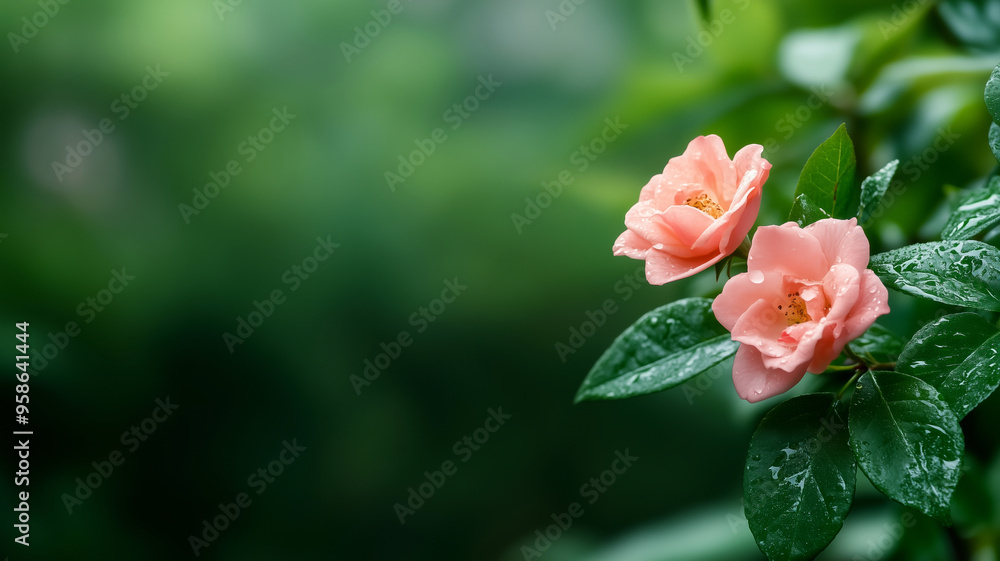 Obraz premium Two soft pink flowers with fresh raindrops on their petals and surrounding green leaves, creating a serene and natural atmosphere.
