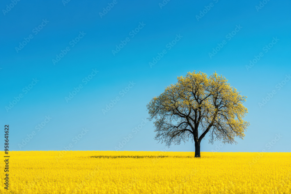 Lone tree stands in vibrant yellow canola field under clear blue sky, creating a striking contrast and a serene, picturesque landscape. Lone tree stands in vibrant yellow canola field under clear blue sky, creating a striking contrast and a serene, picturesque landscape.