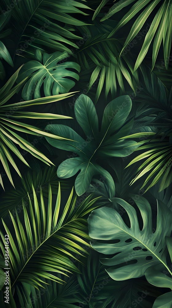 Fototapeta premium A background of dark green palm leaves with vibrant colors, creating an exotic and lush atmosphere