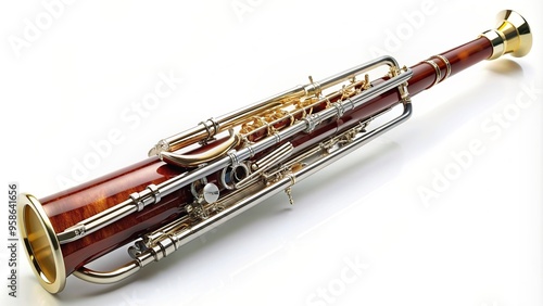 musical instrument, white background, leading lines, studio, A stock photo of a contra bassoon isolated on a white background with leading lines converging towards the instrument