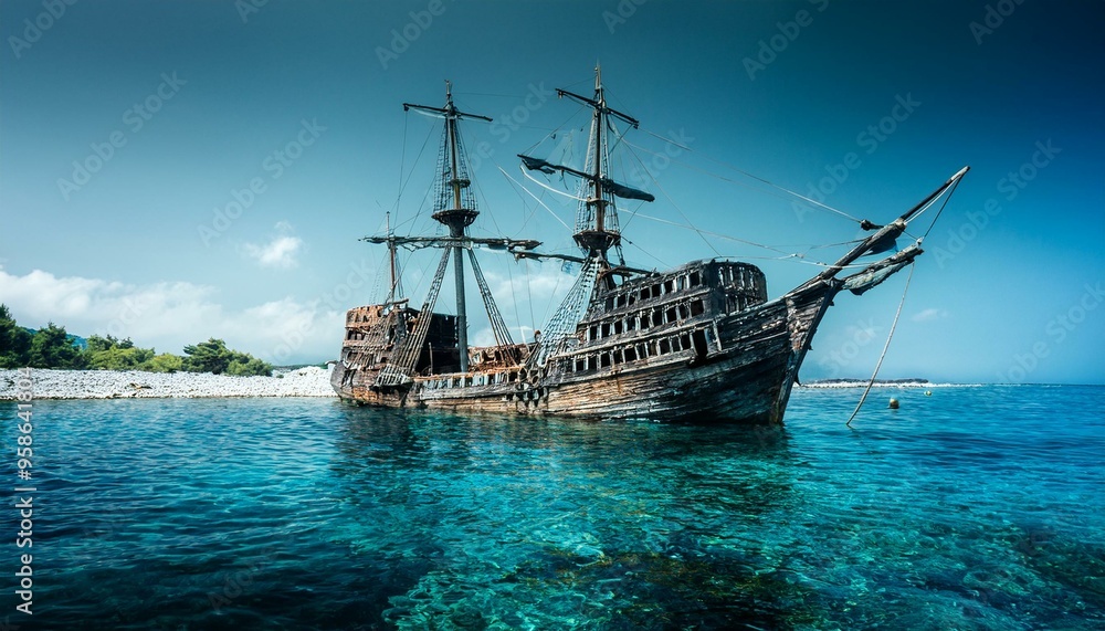 Obraz premium Barco pirata fondo del mar arrecife