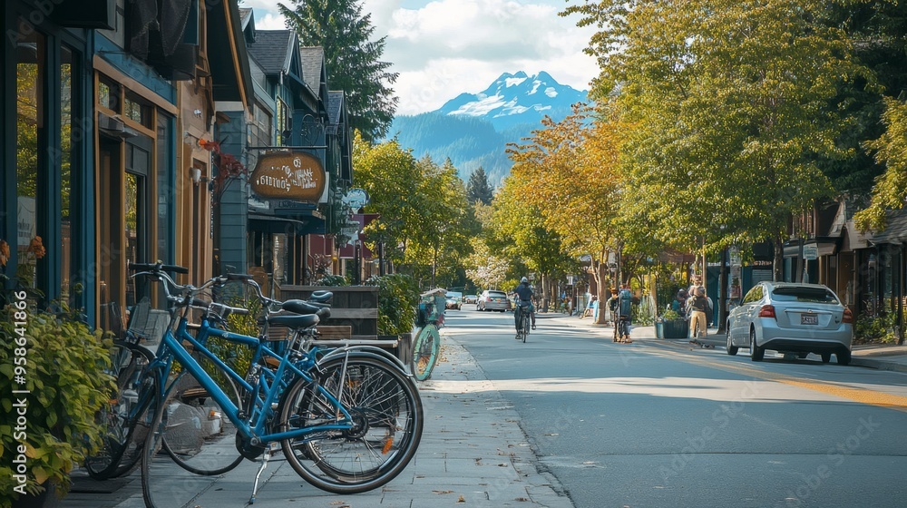 Mountain Town Street Scene with Bikes Cars and Shops Mountain Town Street Scene with Bikes Cars and Shops