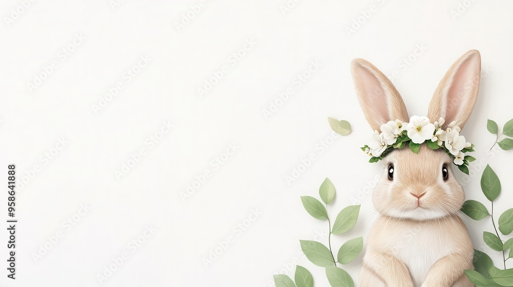 Fototapeta premium Bunny wearing a floral crown, surrounded by soft green leaves, digital art, minimalist white background with space for text