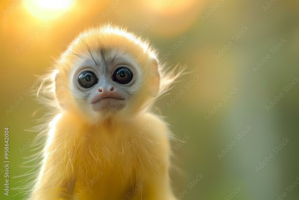 A close-up of a baby monkey with expressive eyes and soft golden fur, beautifully illuminated by the gentle sunlight. Ideal for wildlife photography, nature conservation, and primate-themed projects. A close-up of a baby monkey with expressive eyes and soft golden fur, beautifully illuminated by the gentle sunlight. Ideal for wildlife photography, nature conservation, and primate-themed projects.