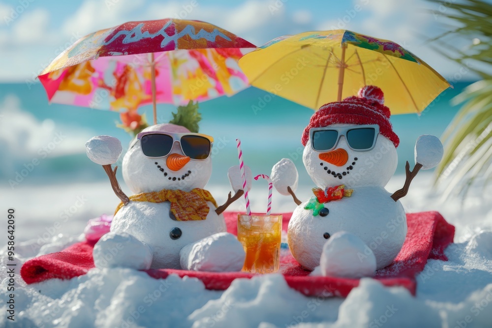 two snowmen relaxing on beach towels, wearing sunglasses and sipping cocktails with umbrellas, under a colorful beach umbrella with a 'happy new year ' sign two snowmen relaxing on beach towels, wearing sunglasses and sipping cocktails with umbrellas, under a colorful beach umbrella with a 'happy new year ' sign