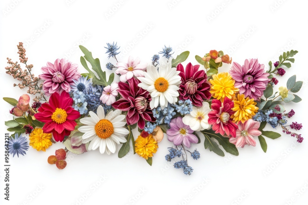 vibrant watercolor flowers arrangement with a mix of seasonal blooms, including chrysanthemums, asters, and sedum, isolated on a bright white background vibrant watercolor flowers arrangement with a mix of seasonal blooms, including chrysanthemums, asters, and sedum, isolated on a bright white background