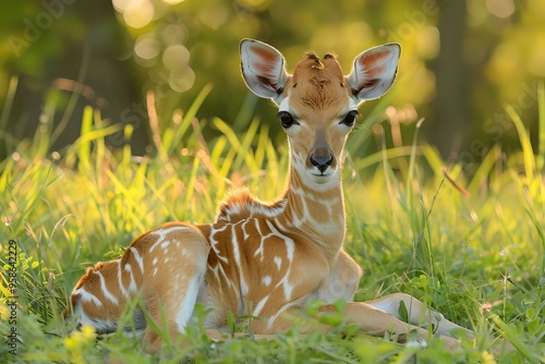 A young fawn resting in tall grass, illuminated by soft sunlight in a peaceful woodland setting. Ideal for wildlife photography, nature conservation, and forest-themed projects. photo