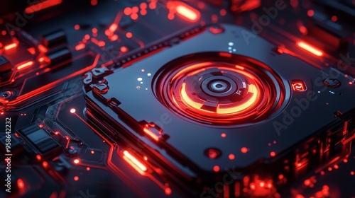 Close-up of a futuristic circuit board with glowing red elements and a central processing unit, showcasing advanced technology.