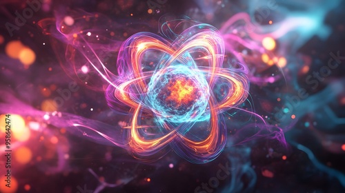 85. Digital art of a vibrant nutrient atom with swirling, energetic molecular patterns