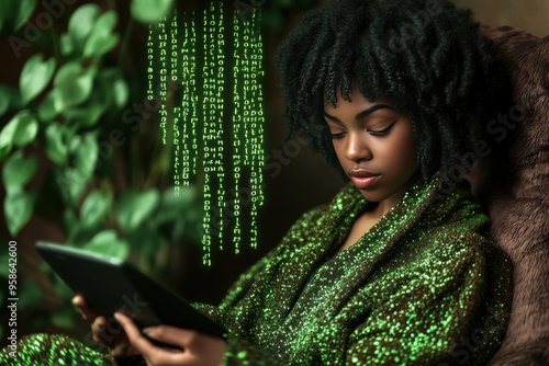 Afro american woman is sitting on a couch and looking at a tablet interacting and typing to an ai chat bot