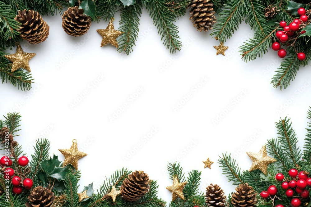 Christmas Border with Pine Branches, Pinecones, Stars, and Holly Berries Christmas Border with Pine Branches, Pinecones, Stars, and Holly Berries