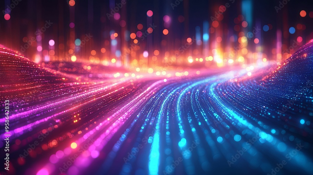 Abstract Digital Landscape with Brightly Colored Glowing Lines and Bokeh Lights Abstract Digital Landscape with Brightly Colored Glowing Lines and Bokeh Lights