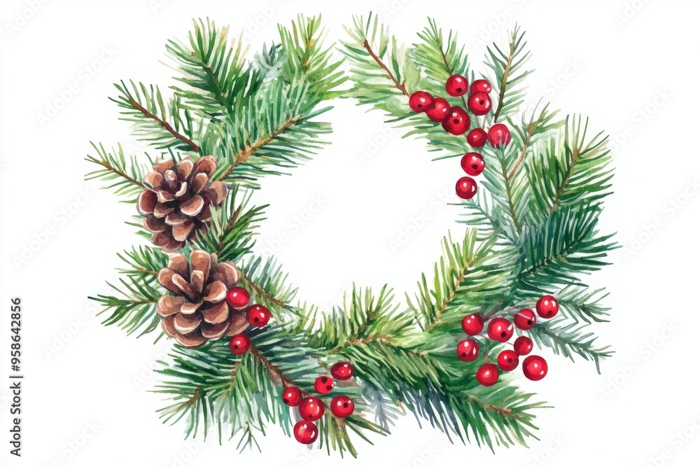 watercolor illustration of a lush emerald pine and spruce wreath, adorned with vibrant red winter berries and fragrant juniper and cedar sprigs, all within a beautiful vector design frame, ideal watercolor illustration of a lush emerald pine and spruce wreath, adorned with vibrant red winter berries and fragrant juniper and cedar sprigs, all within a beautiful vector design frame, ideal