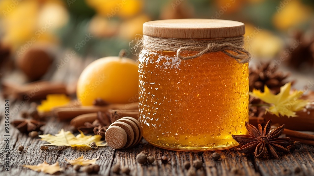 A jar of golden honey with autumn spices, fruits, and leaves on a rustic wooden table. A jar of golden honey with autumn spices, fruits, and leaves on a rustic wooden table.