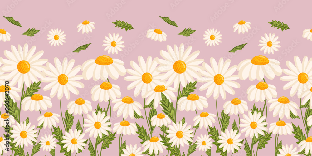 Obraz premium Seamless pattern with blooming daisies. Chamomile vector floral illustration for postcard, poster, fabric, wrapping paper, decor etc. Flowers for spring and summer holidays.