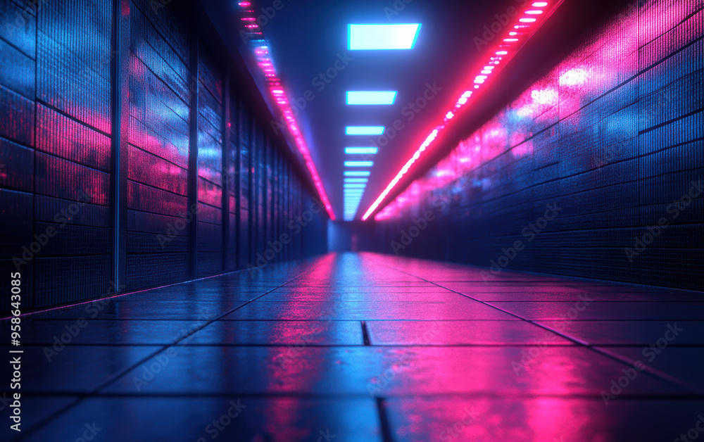 Futuristic neon-lit alley with glowing pink and blue lights, creating a mesmerizing sci-fi atmosphere in an urban setting. Futuristic neon-lit alley with glowing pink and blue lights, creating a mesmerizing sci-fi atmosphere in an urban setting.