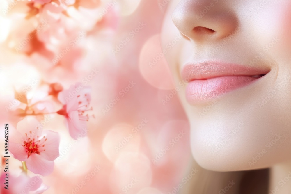 Close-up of Pink Lips and Nose with Soft Pink Floral Background Close-up of Pink Lips and Nose with Soft Pink Floral Background