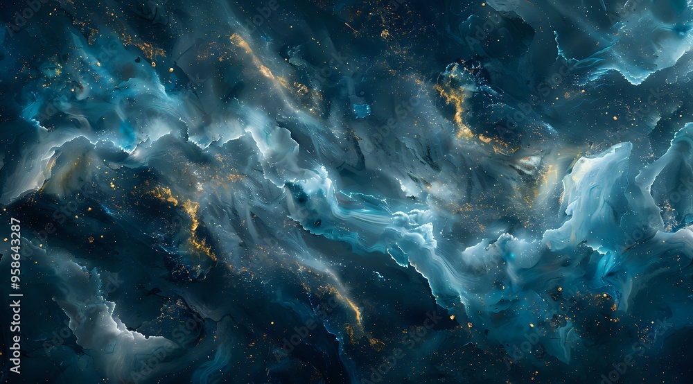 Obraz premium aptivating depiction of a cosmic nebula swirling in deep space. The dark blues, hints of gold, and ethereal light create a sense of mystery and grandeur, making it ideal for abstract, science