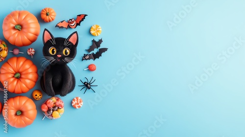 Festive Halloween scene featuring pumpkins, candies, and a playful black cat on a vibrant blue background.