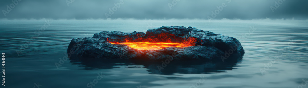 A dramatic scene of a molten lava pool emerging from the calm waters of an ocean, surrounded by a misty, atmospheric backdrop. A dramatic scene of a molten lava pool emerging from the calm waters of an ocean, surrounded by a misty, atmospheric backdrop.