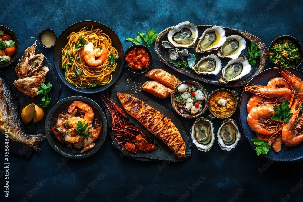 A vibrant spread of seafood dishes, showcasing various preparations and flavors. A vibrant spread of seafood dishes, showcasing various preparations and flavors.