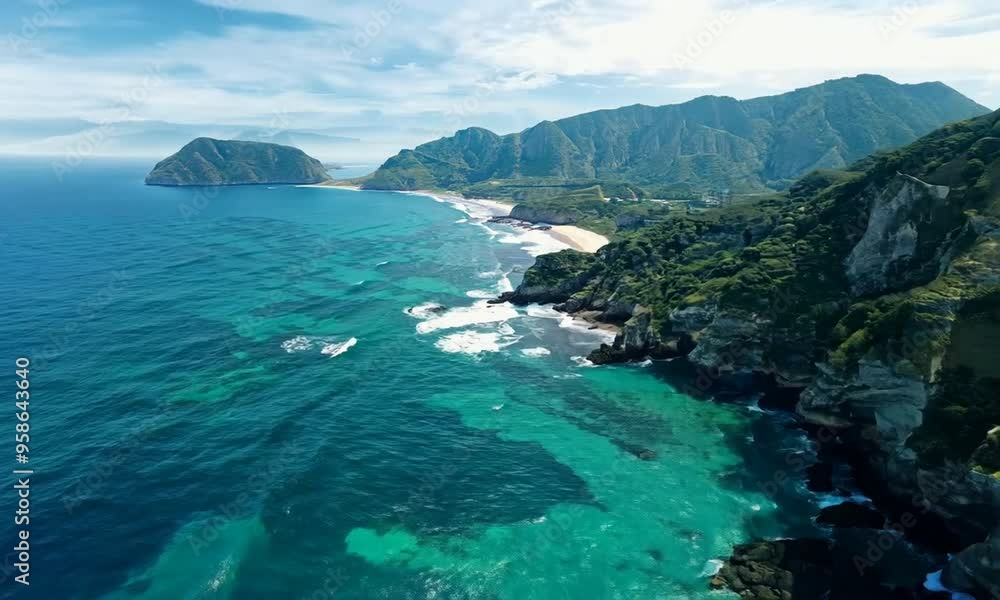 Aerial View of a Coastal Landscape with Mountains and Ocean