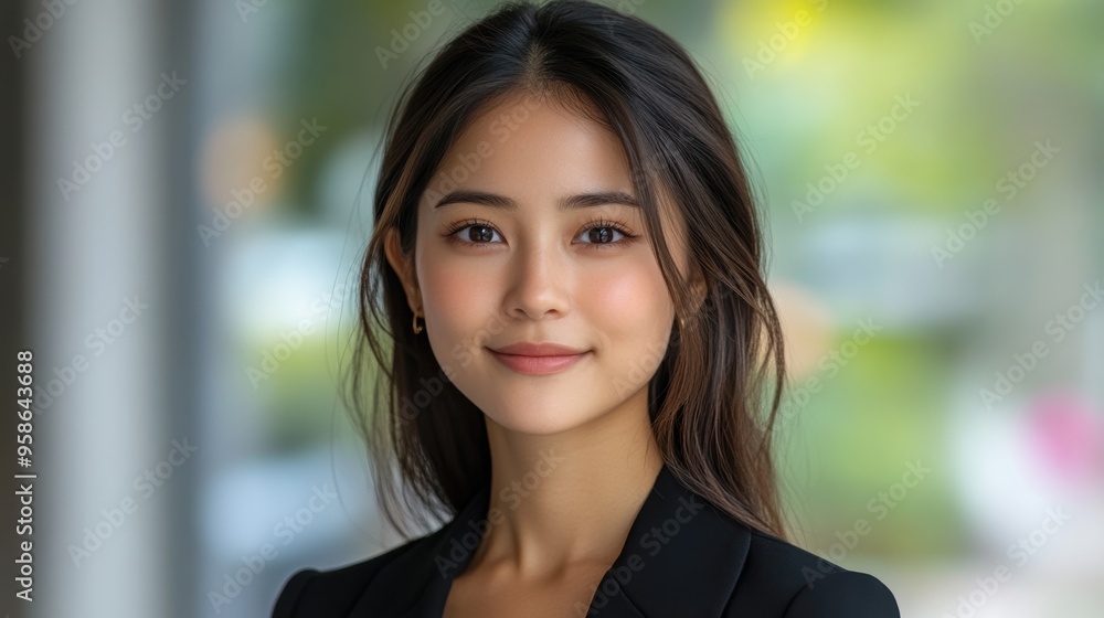 A professional portrait of a smiling young woman wearing a black blazer, standing outdoors with a blurred green background on a bright day A professional portrait of a smiling young woman wearing a black blazer, standing outdoors with a blurred green background on a bright day